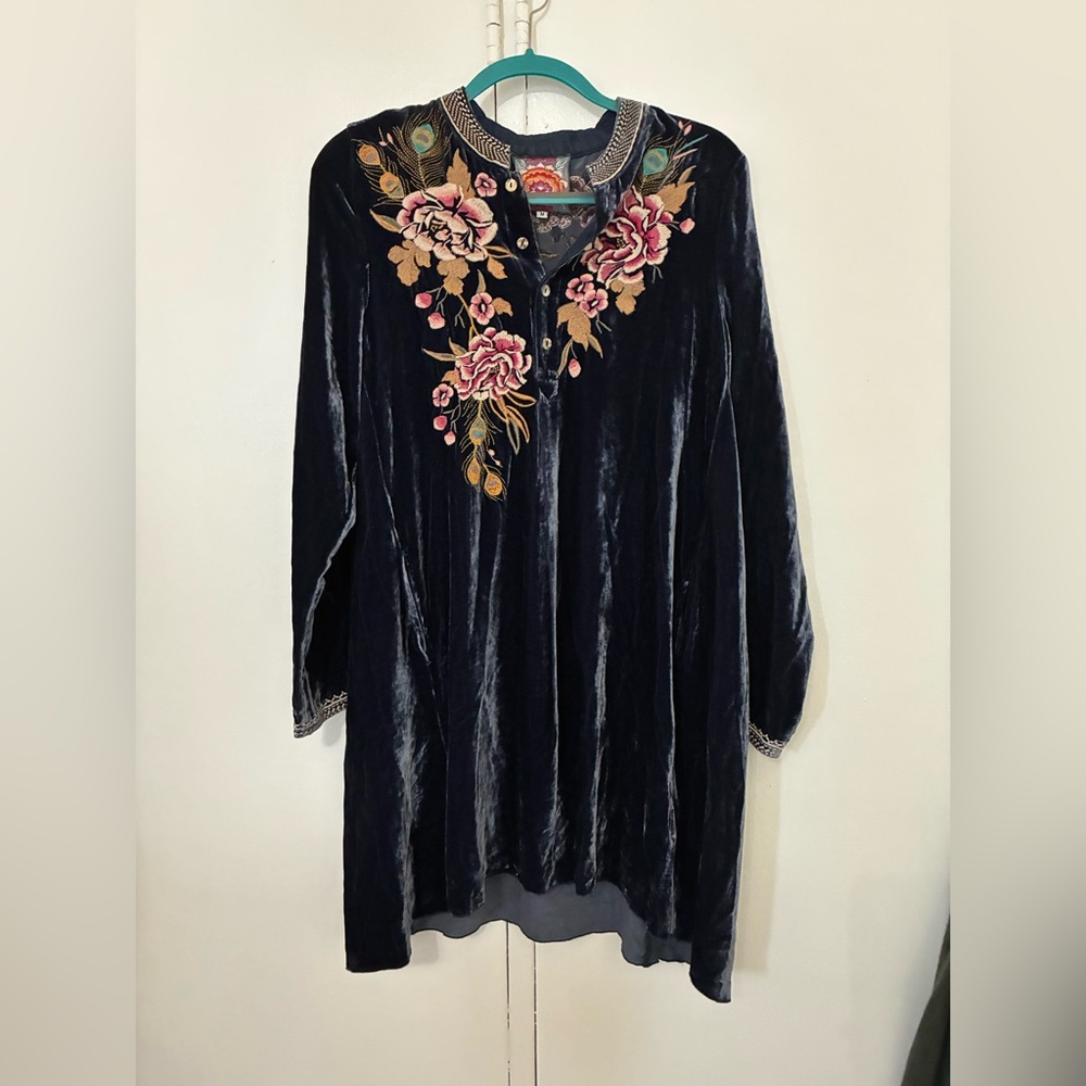Johnny Was Blue Velvet Tunic with Pink Floral Embroidery